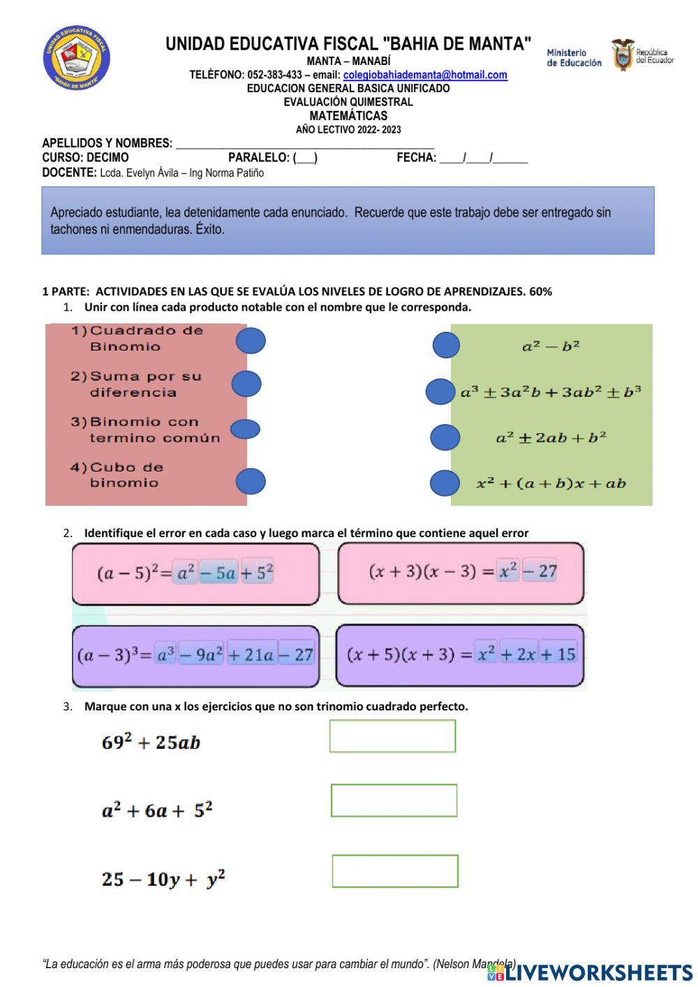 EVALUACION DE MATEMATICAS DECIMO online exercise for | Live Worksheets