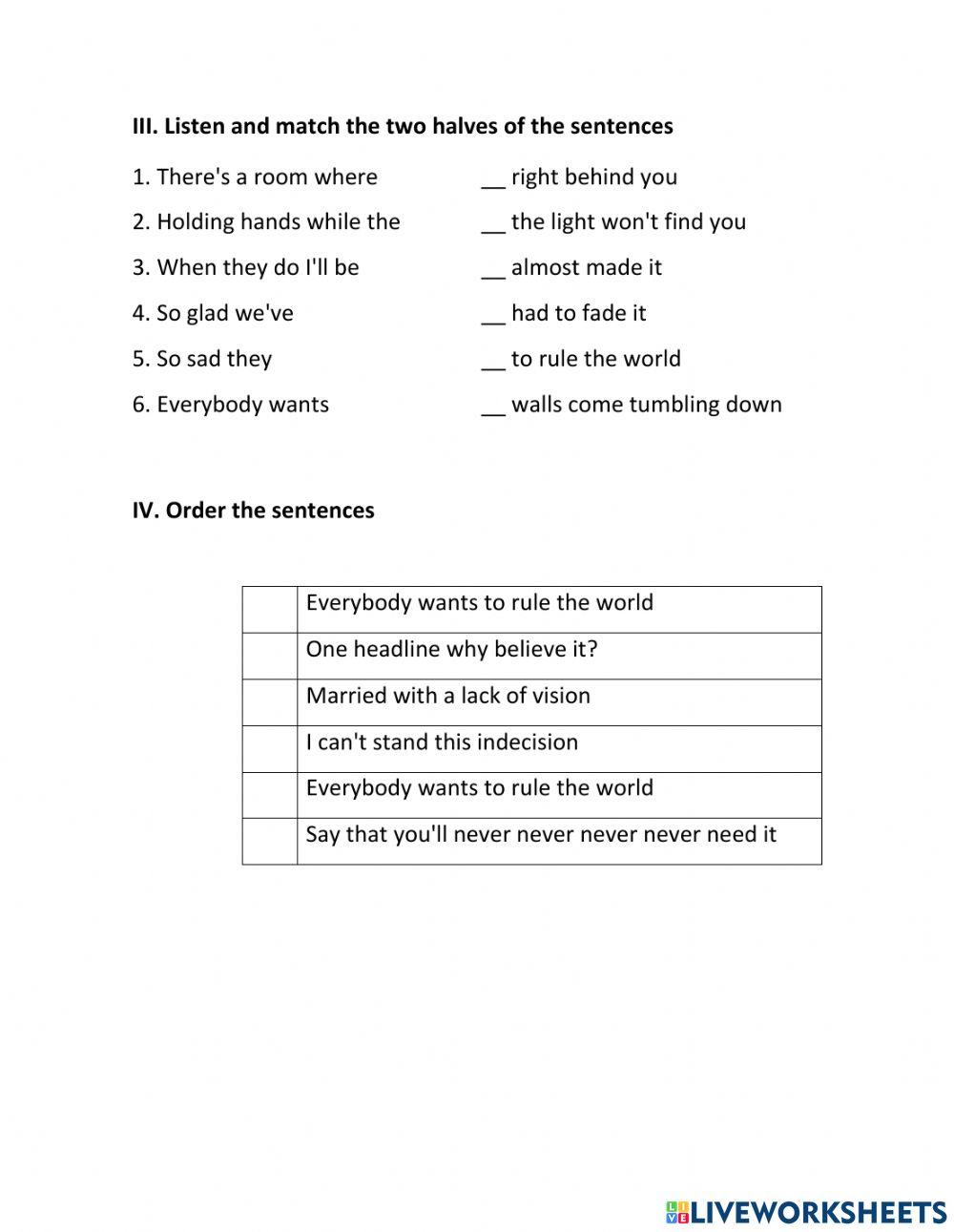 Tears for Fears - Everybody wants to…: English ESL worksheets pdf & doc