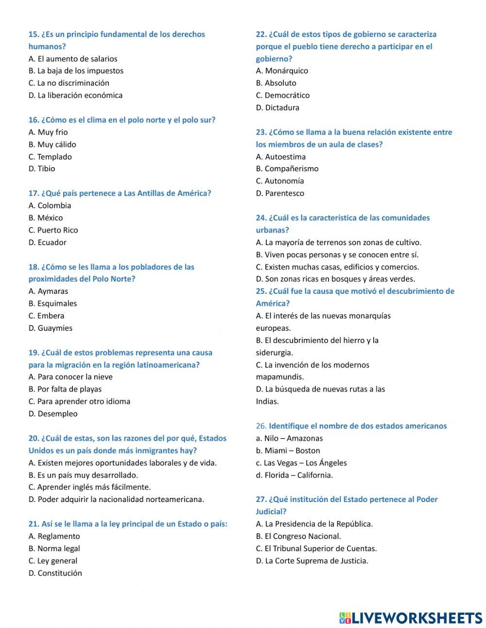 Examen de conocimientos generales de Sociales