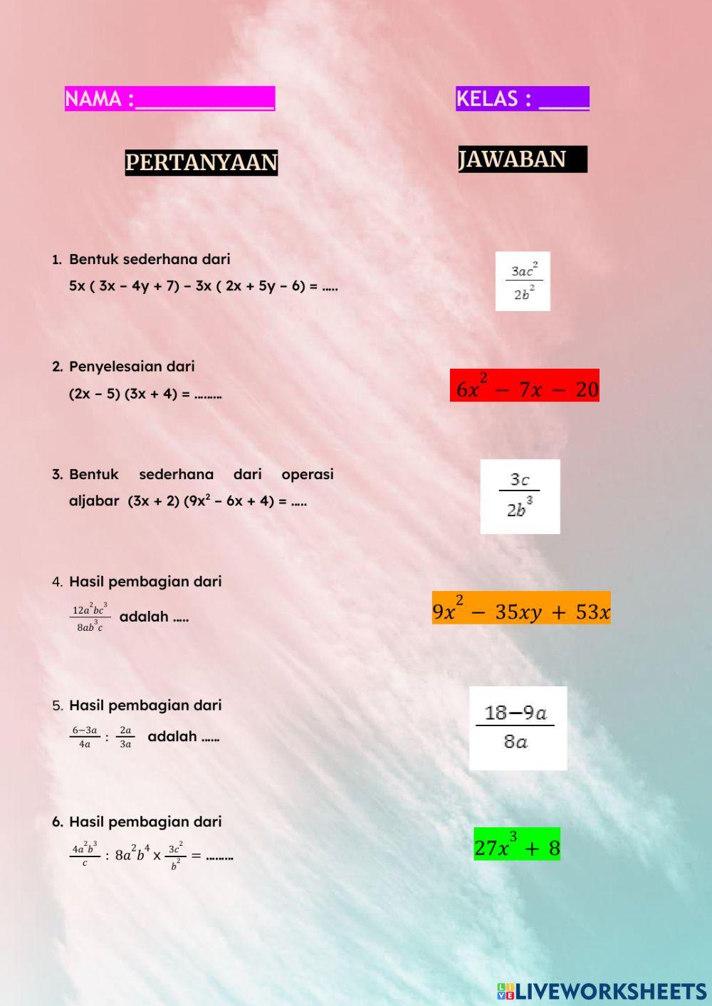 Tugas 3 Aljabar (Perkalian dan Pembagian Bentuk Aljabar)