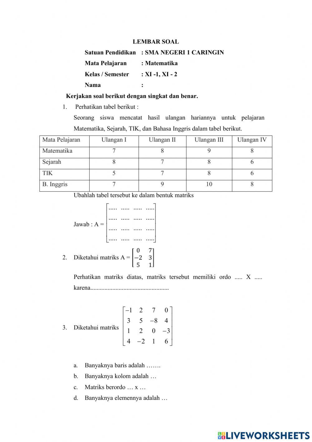Latihan soal jenis-jenis matriks