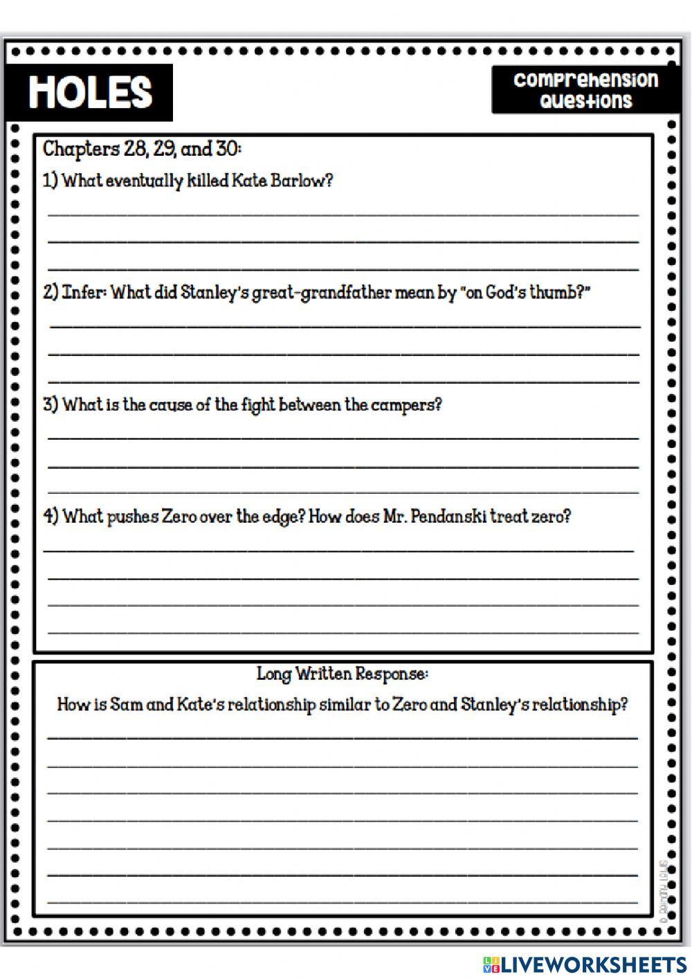 Holes- READING Check up (Chapters 1-30)