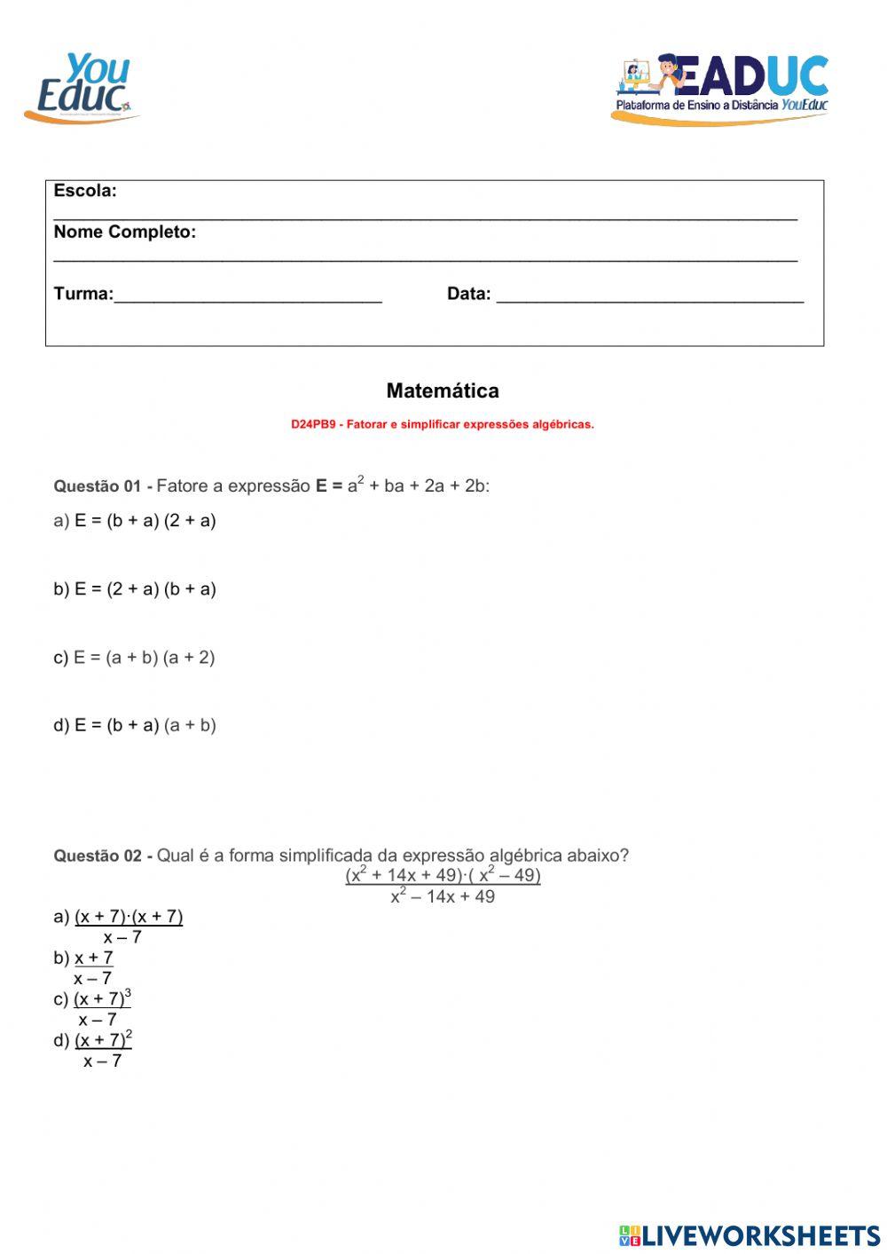 Simplificação de Frações Algébricas – Matemática
