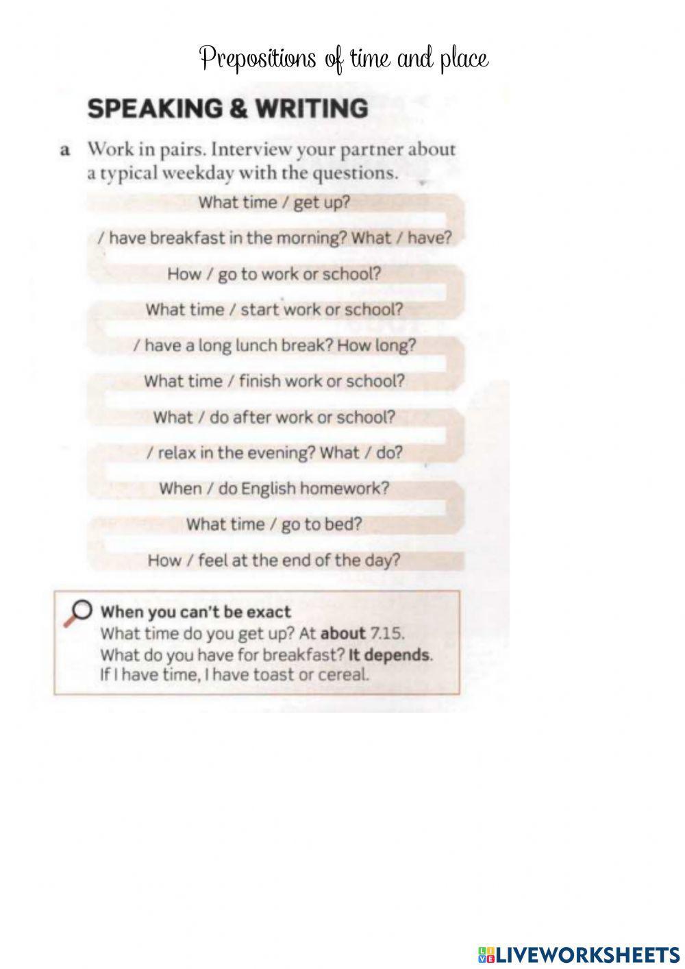 Prepositions of time and place speaking