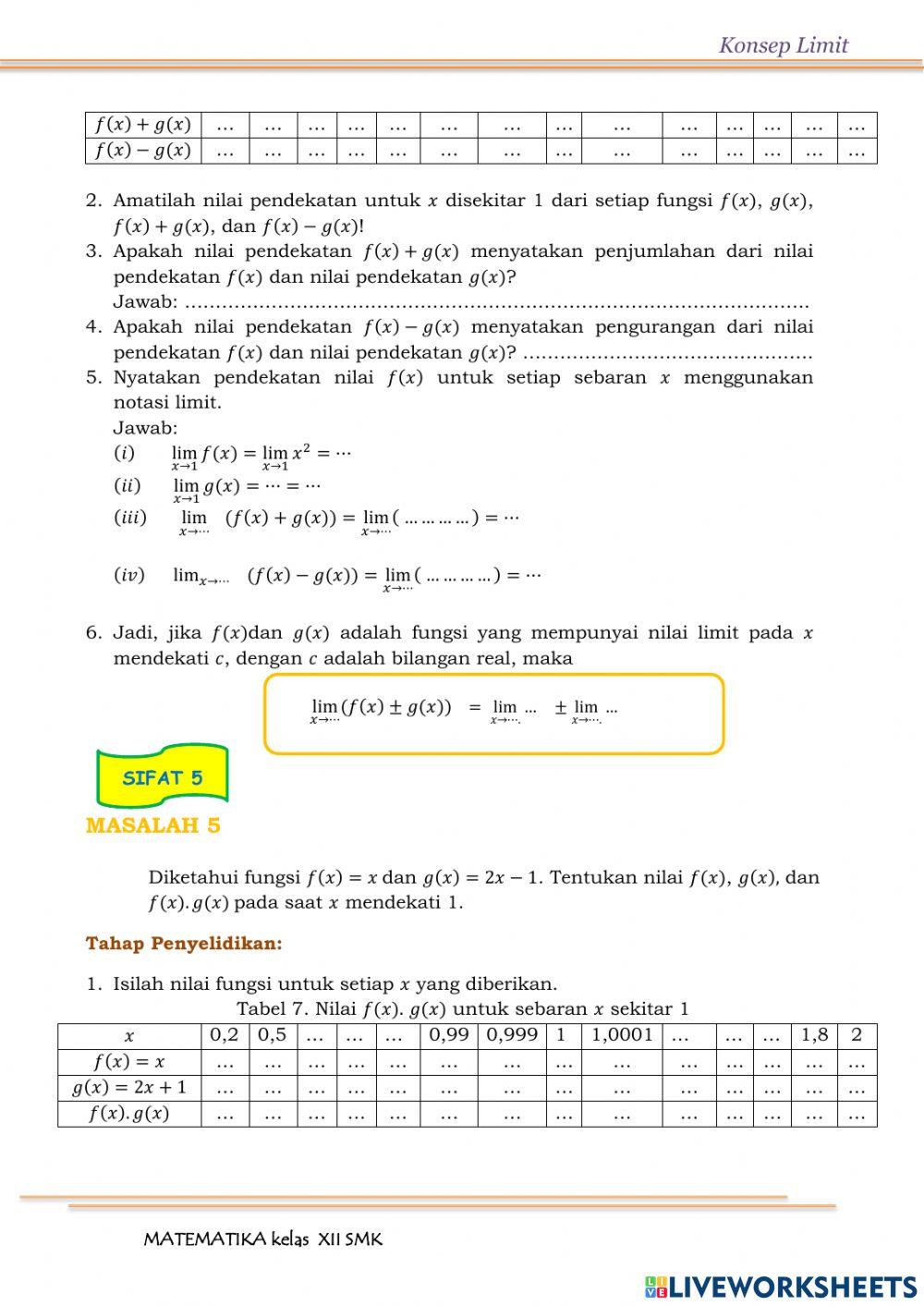 Sifat-sifat Limit Fungsi Aljabar