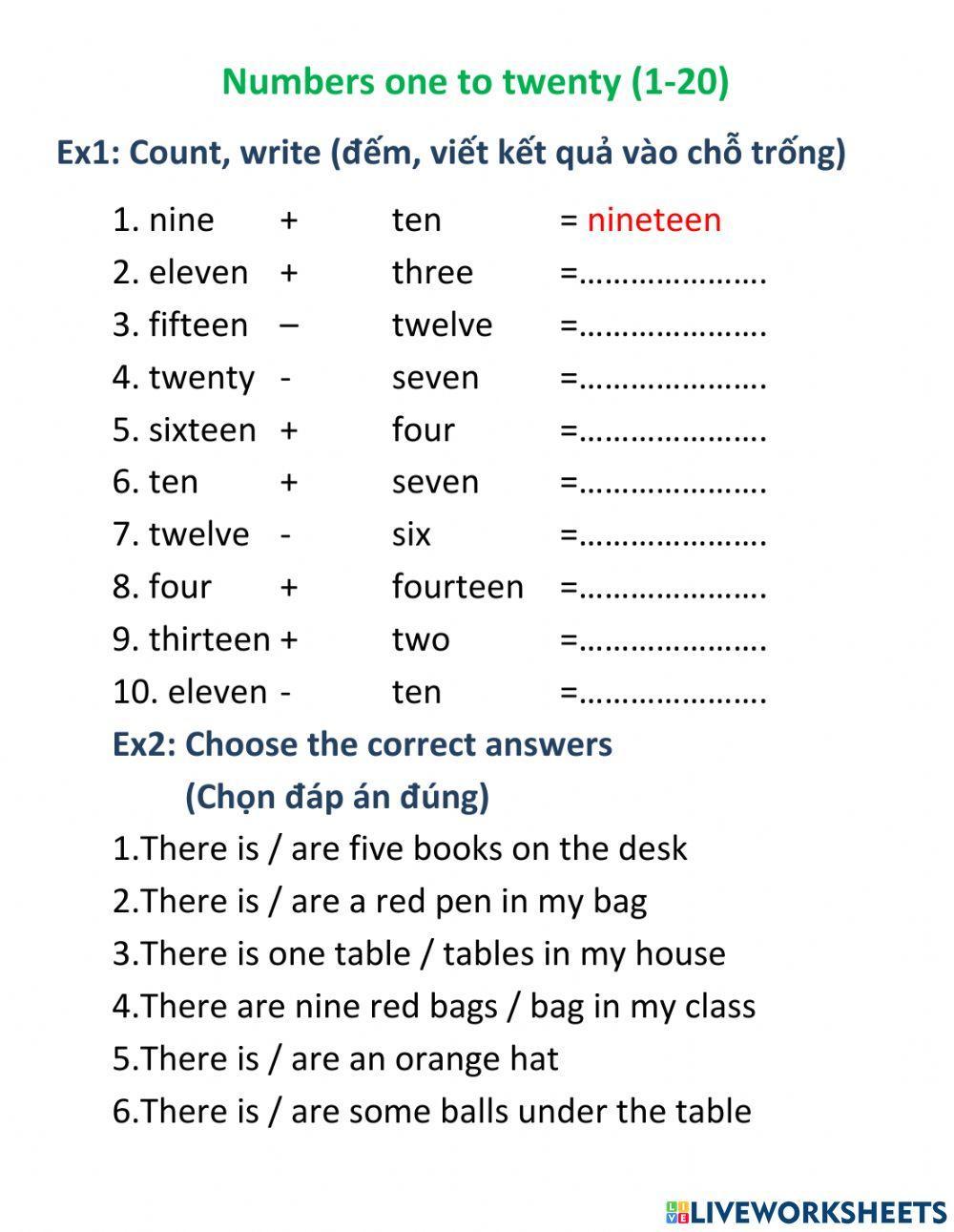 Numbers one to twenty interactive worksheet live worksheets