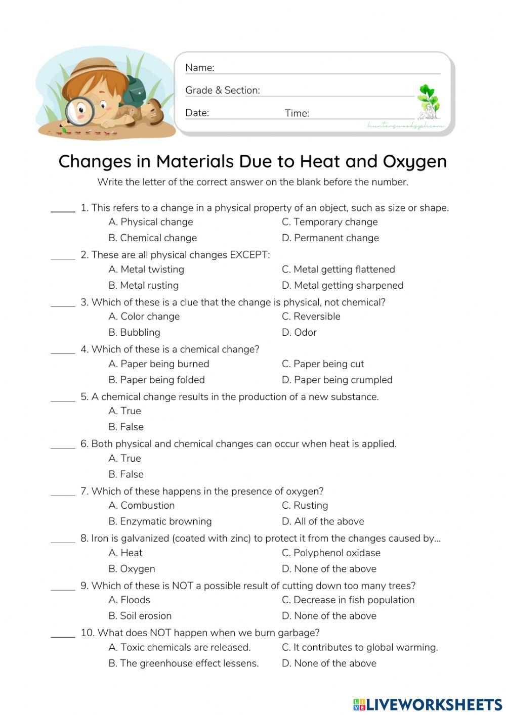 Changes in Materials Due to Heat and Oxygen - HunterWoodsPH.com Worksheet