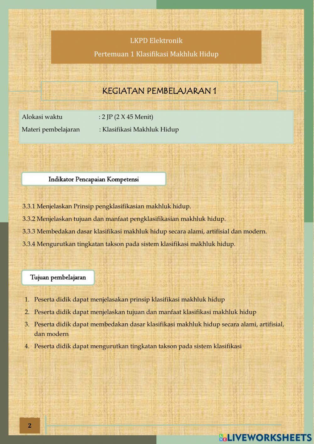 LKPD Interaktif Pertemuan 1 Part 1 Biologi Klasifikasi Makhluk Hidup