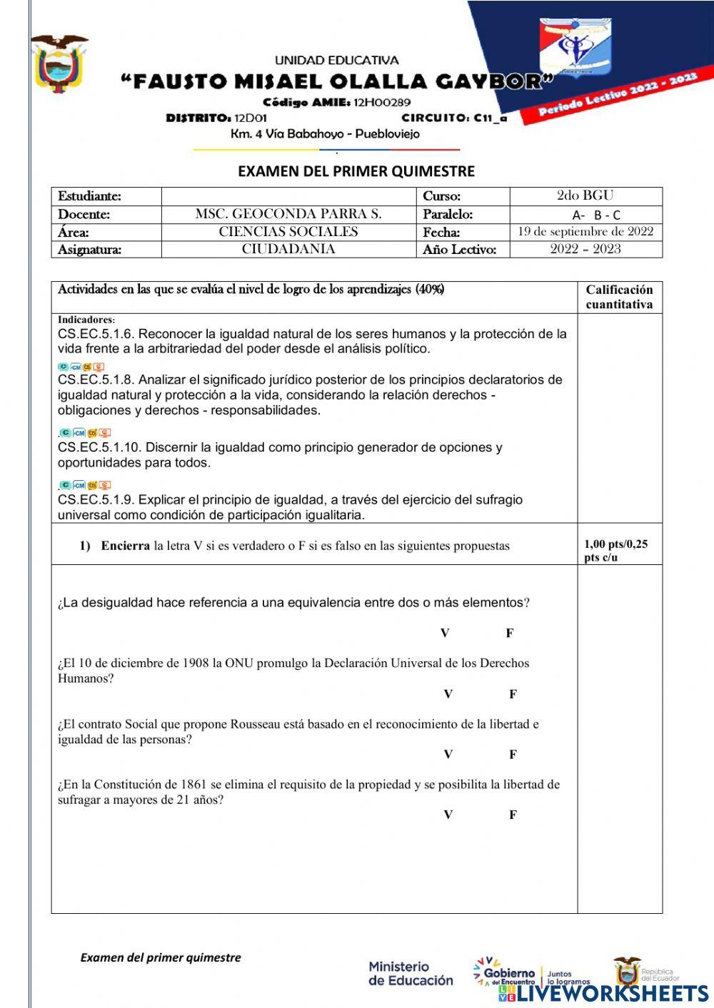 Examen quimestral ciudadania