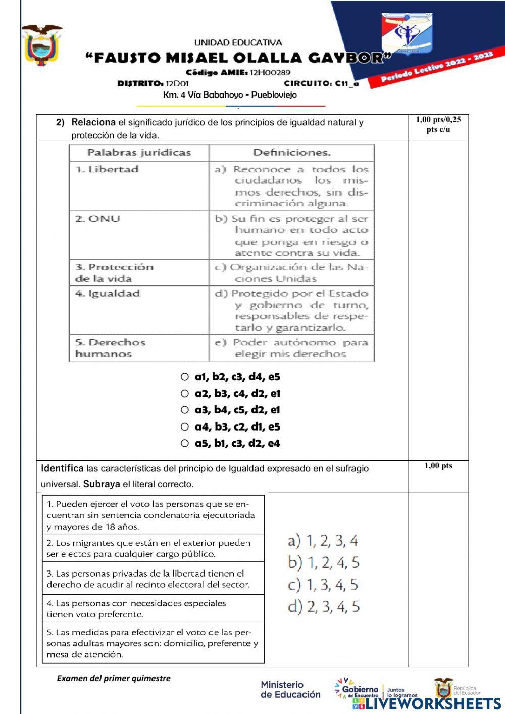 Examen quimestral ciudadania