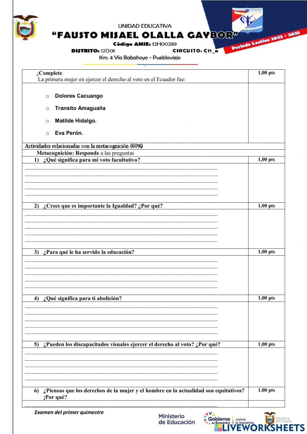 Examen quimestral ciudadania