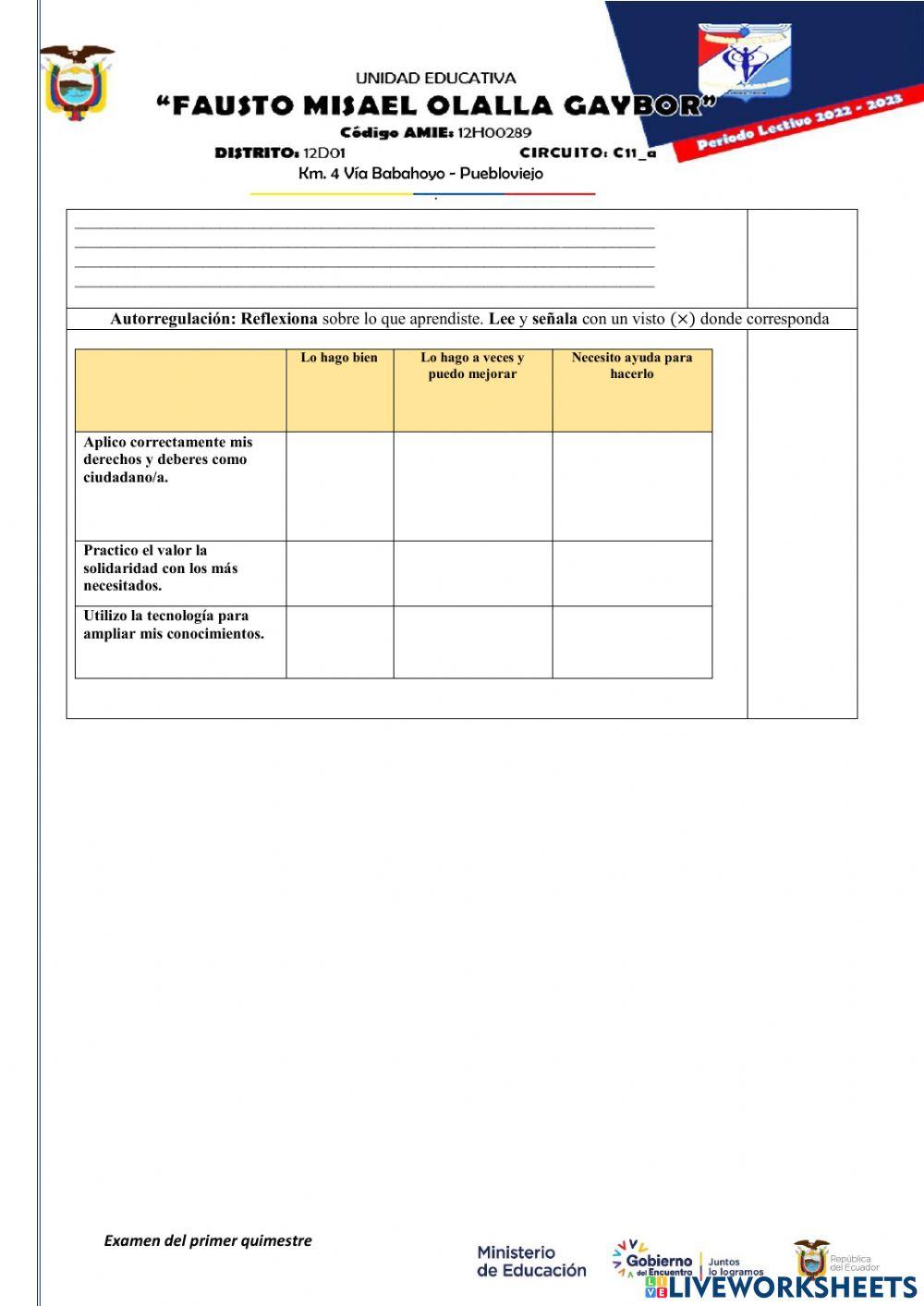 Examen quimestral ciudadania