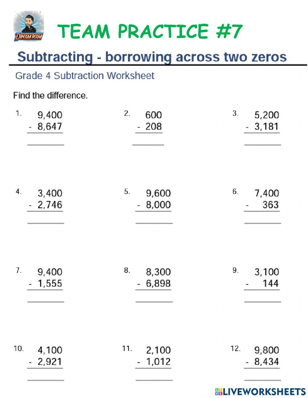 Subtracting borrowing across two zeros worksheet Live Worksheets Subtracting borrowing across two zeros worksheet Live Worksheets