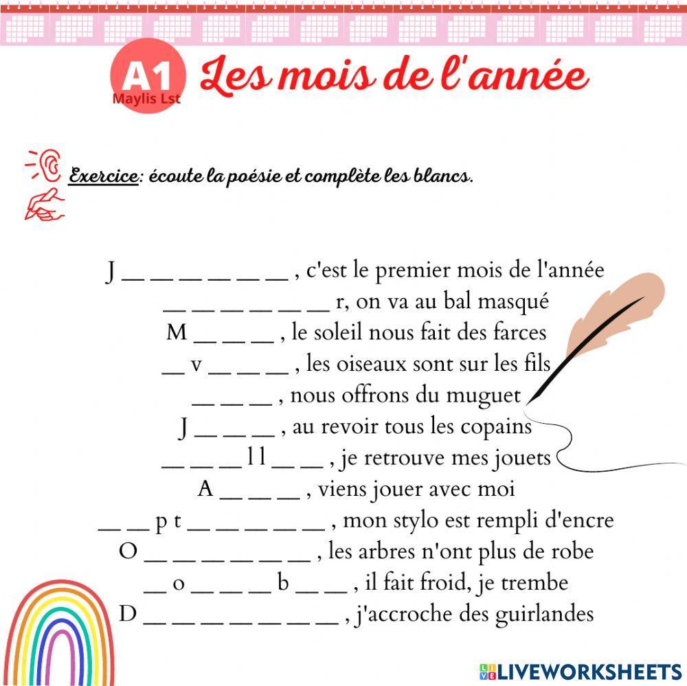 Poésie Les 12 Mois De L année Pdf Les mois de l'année Français Langue Étrangère (FLE) activity | Live  Worksheets