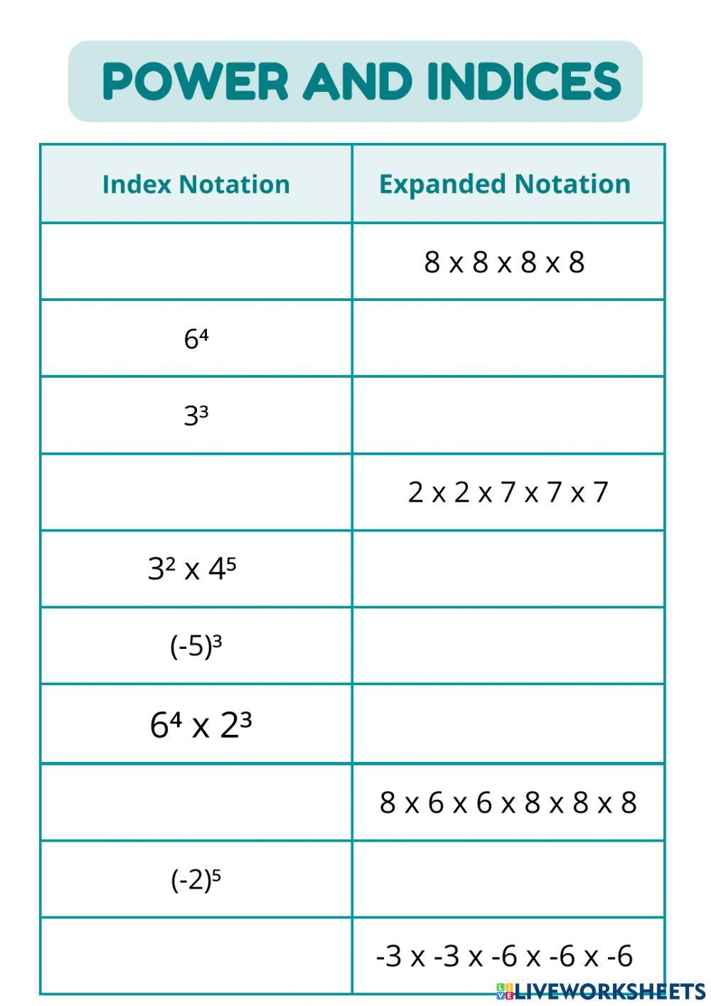 Power and indices worksheet | Live Worksheets