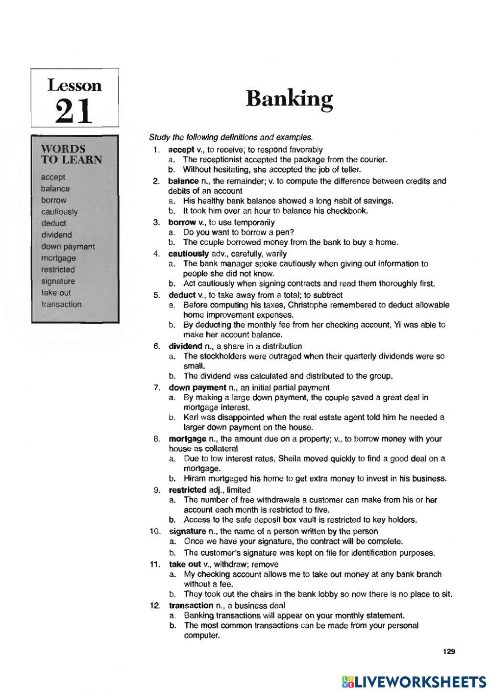 Lesson 21. banking worksheet | Live Worksheets