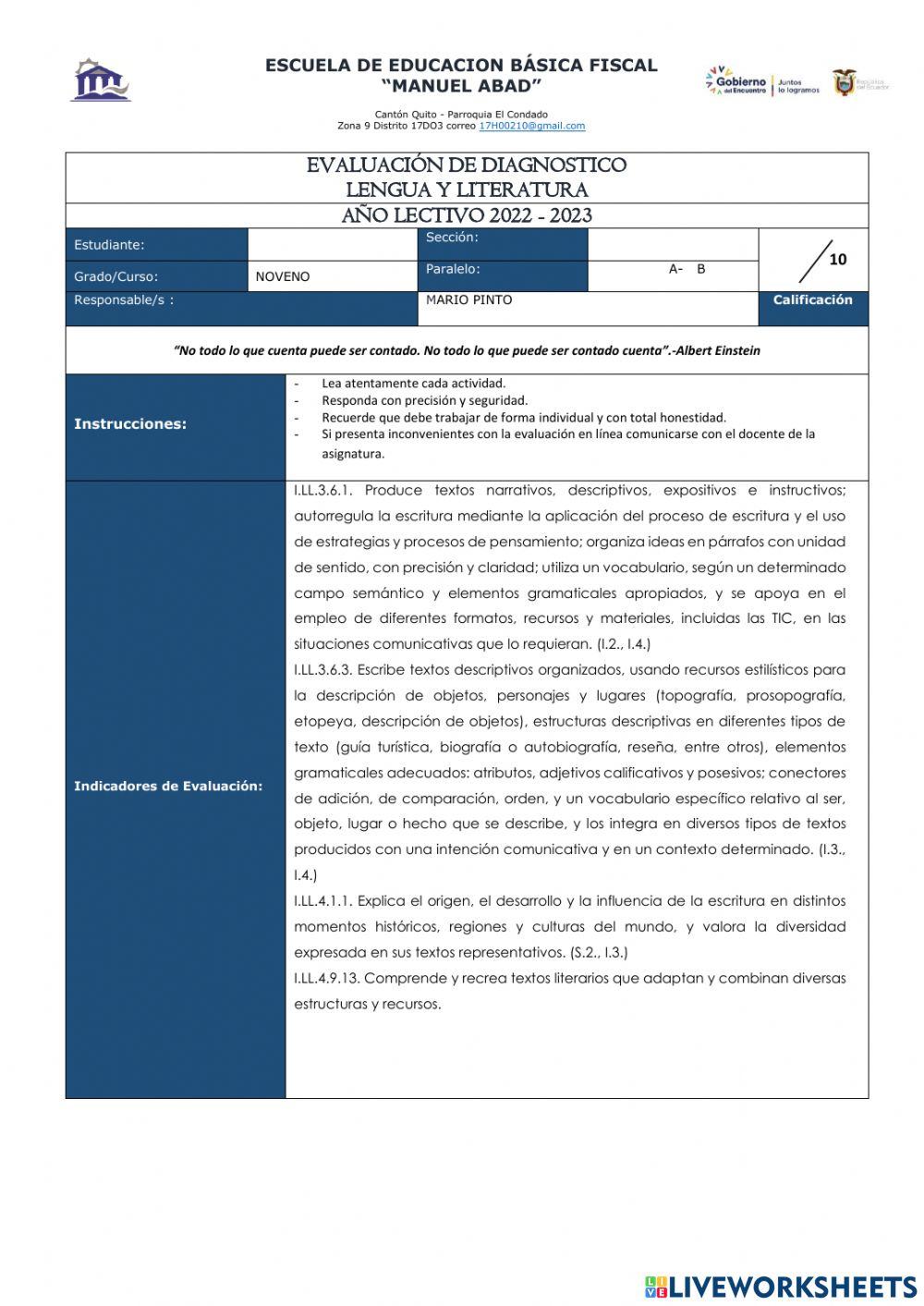 Evaluacion diagnóstica 9no