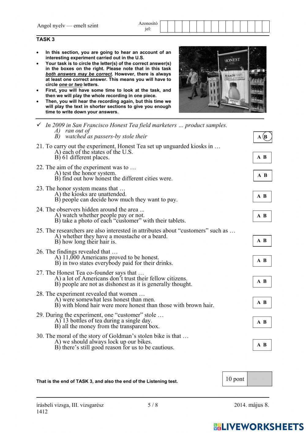 Érettségi 2014 május Hallás utáni szövegértés