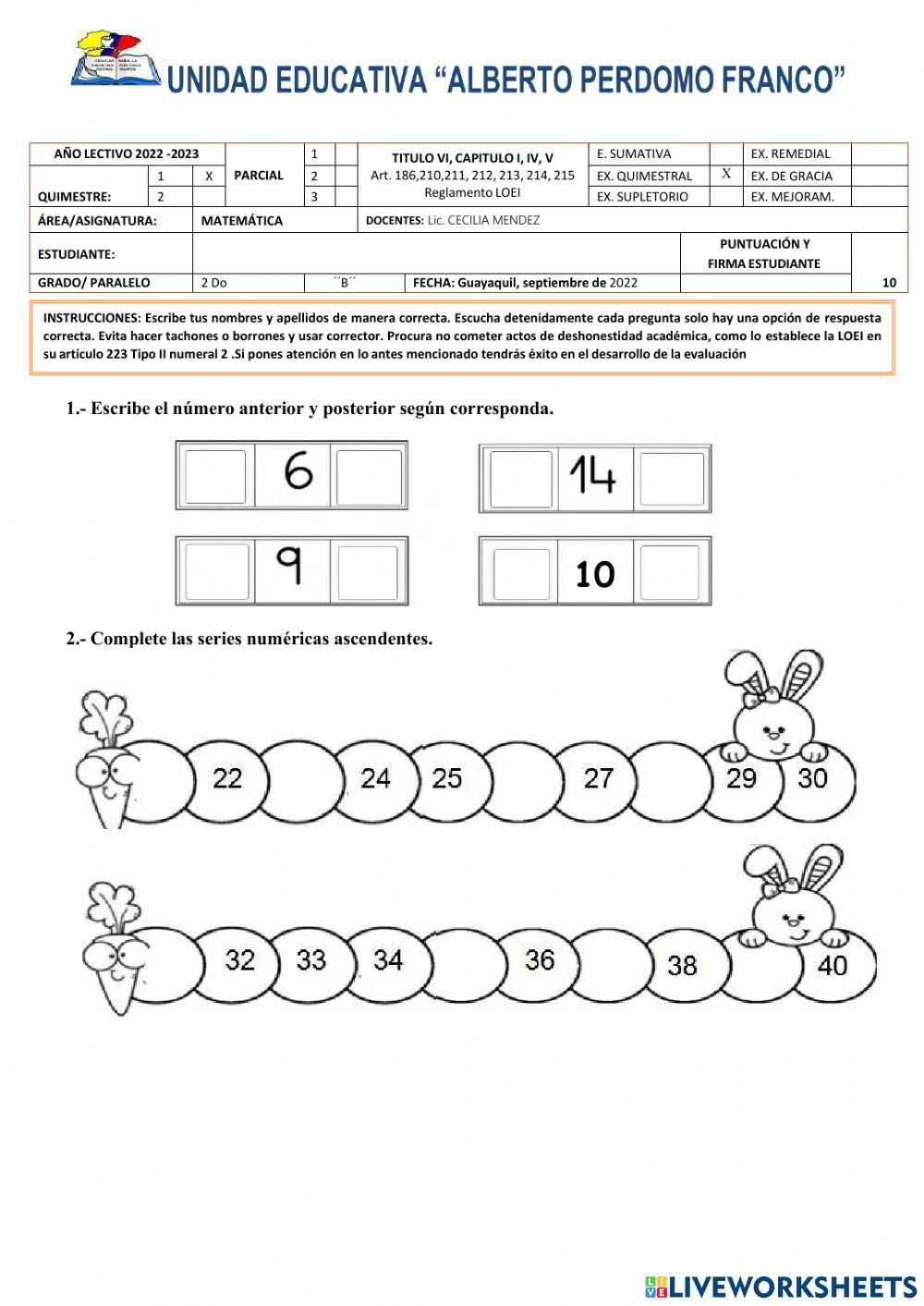 Examen quimestral matemática