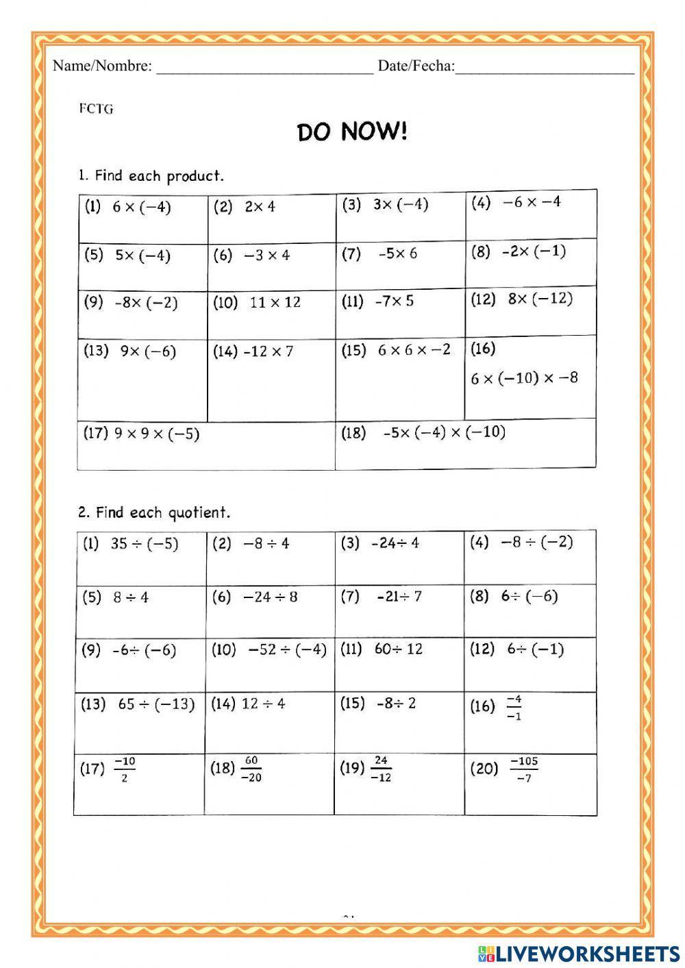 WCMFR Multiplying and Dividing Integers worksheet | Live Worksheets
