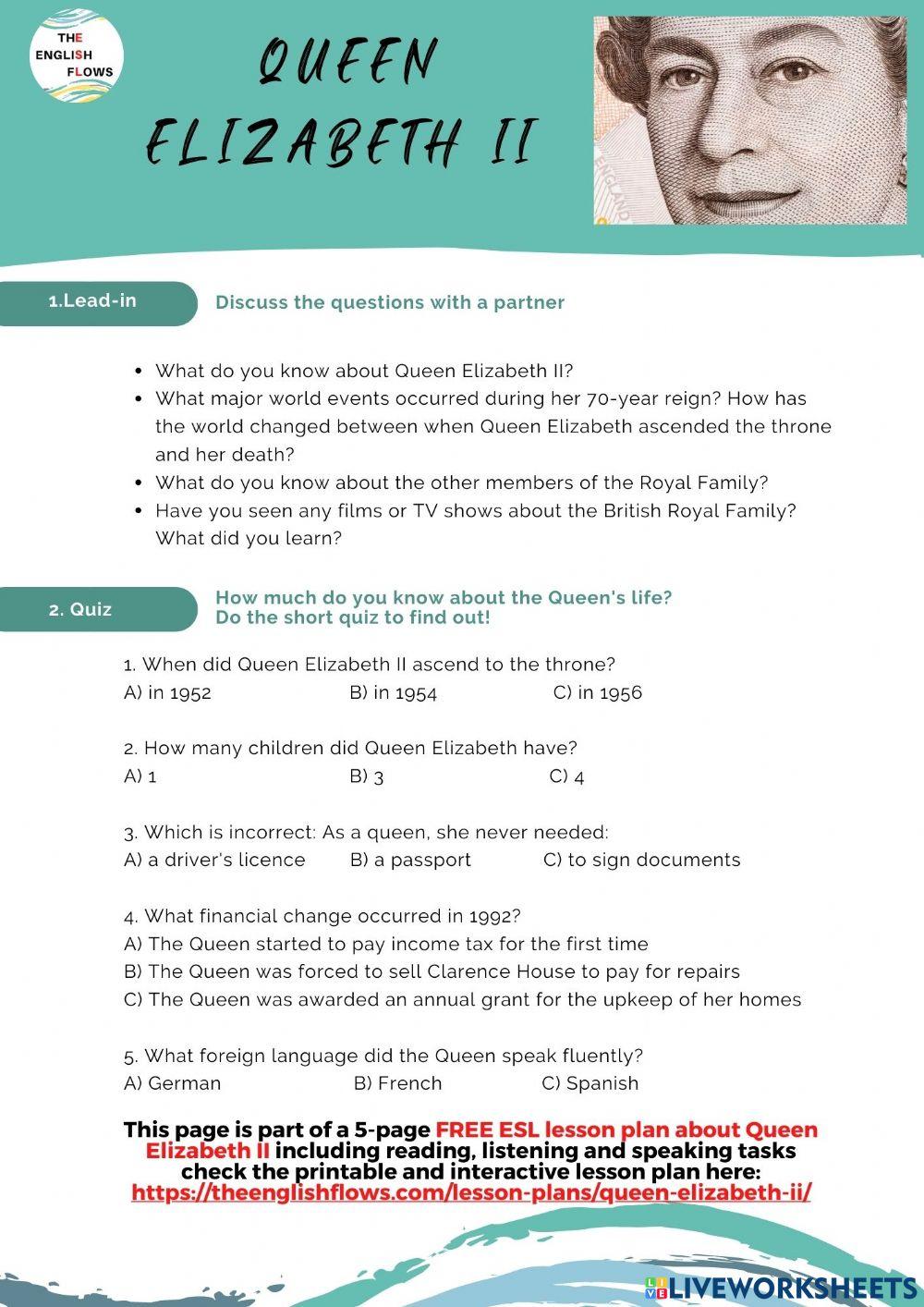 Queen Elizabeth II exercise Live Worksheets