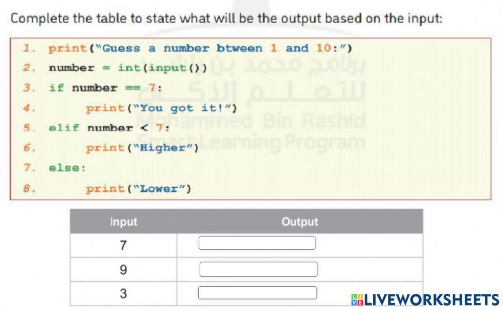 Python selection sarasamir live worksheets