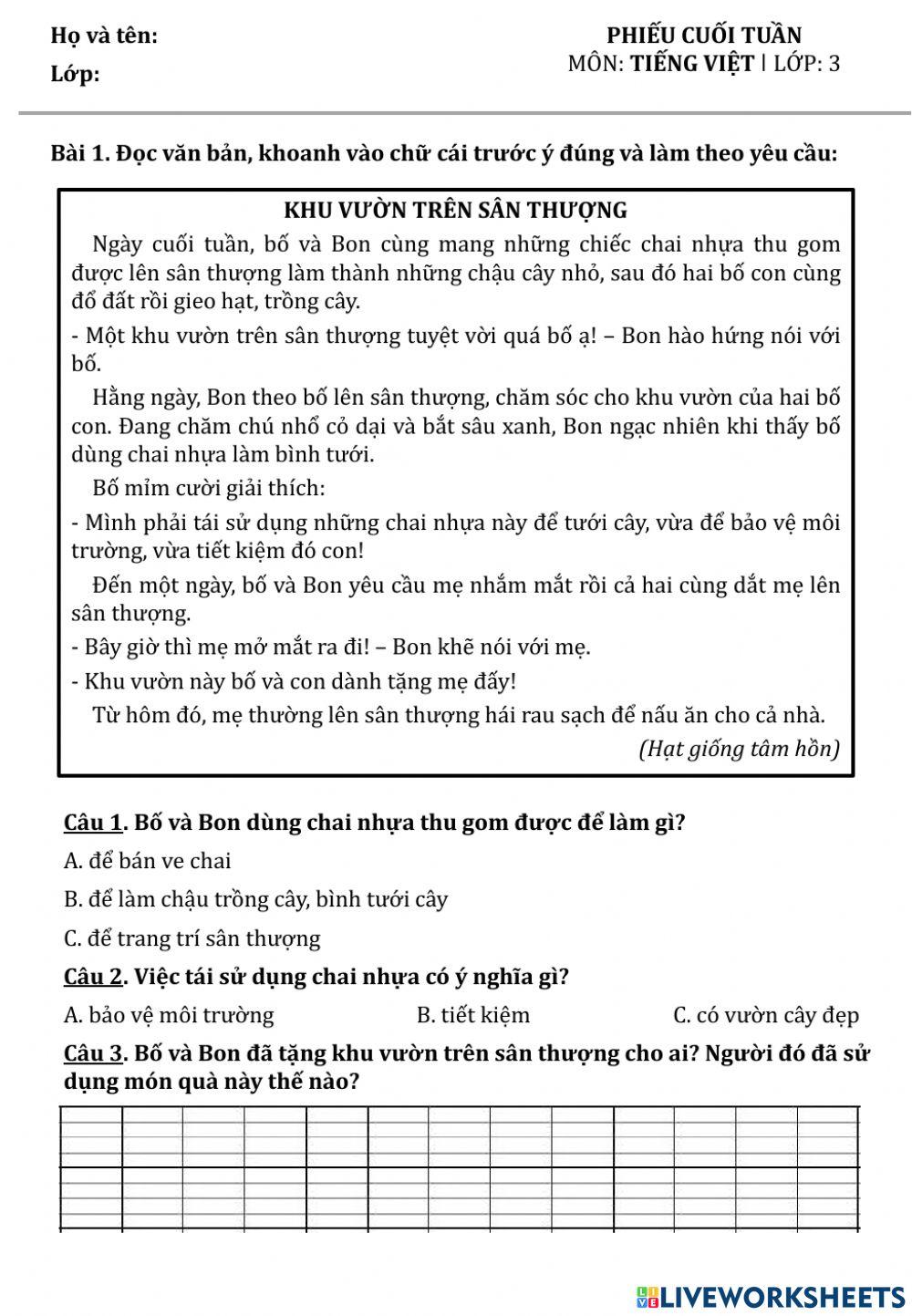 Phiếu ôn tập cuối tuần 4 lớp 3