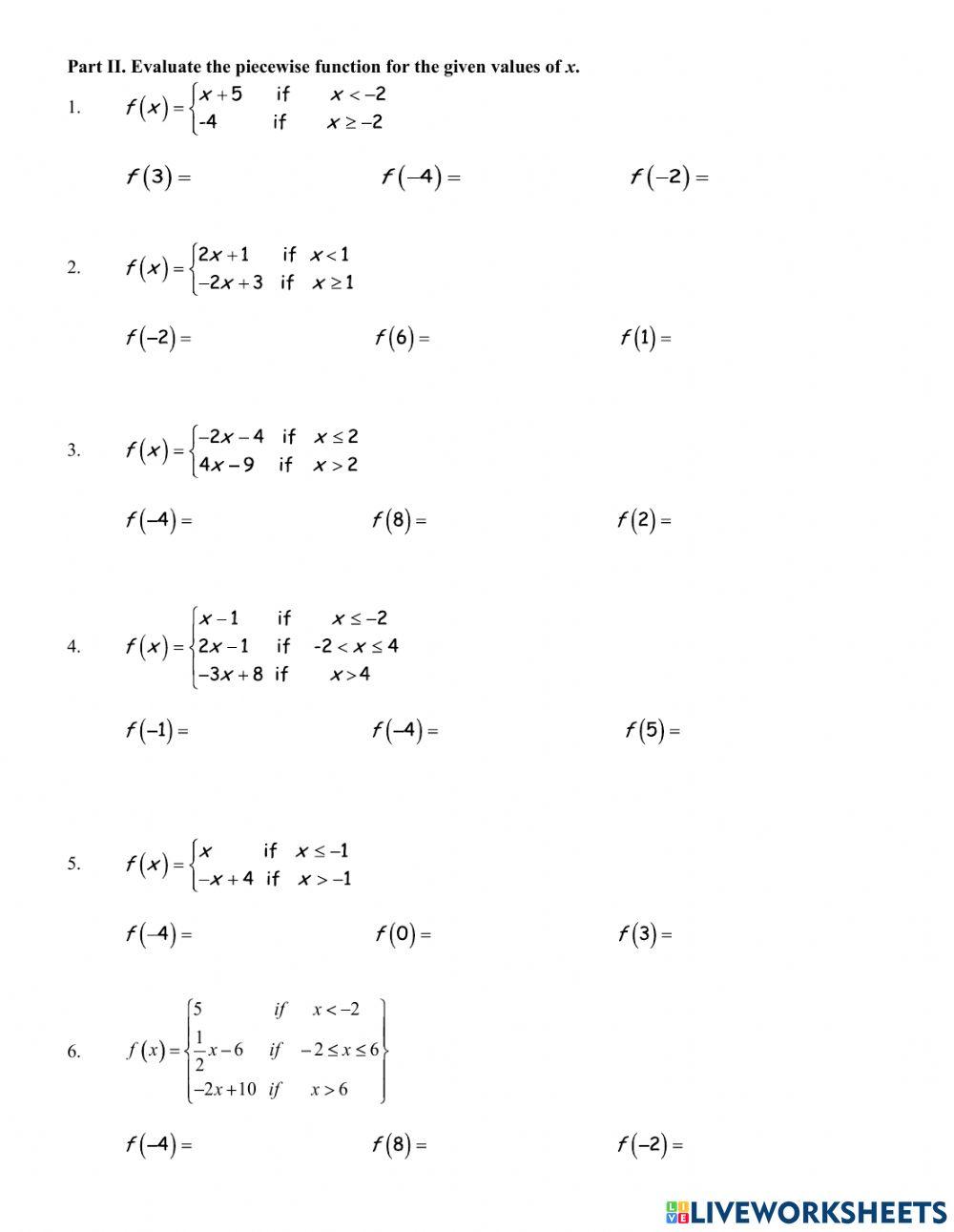 Piecewise-Defined functions interactive worksheet | Live Worksheets