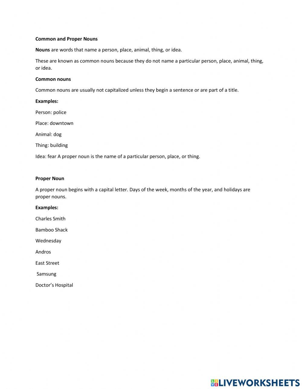 Types of Nouns Common and Proper Nouns online exercise for Live
