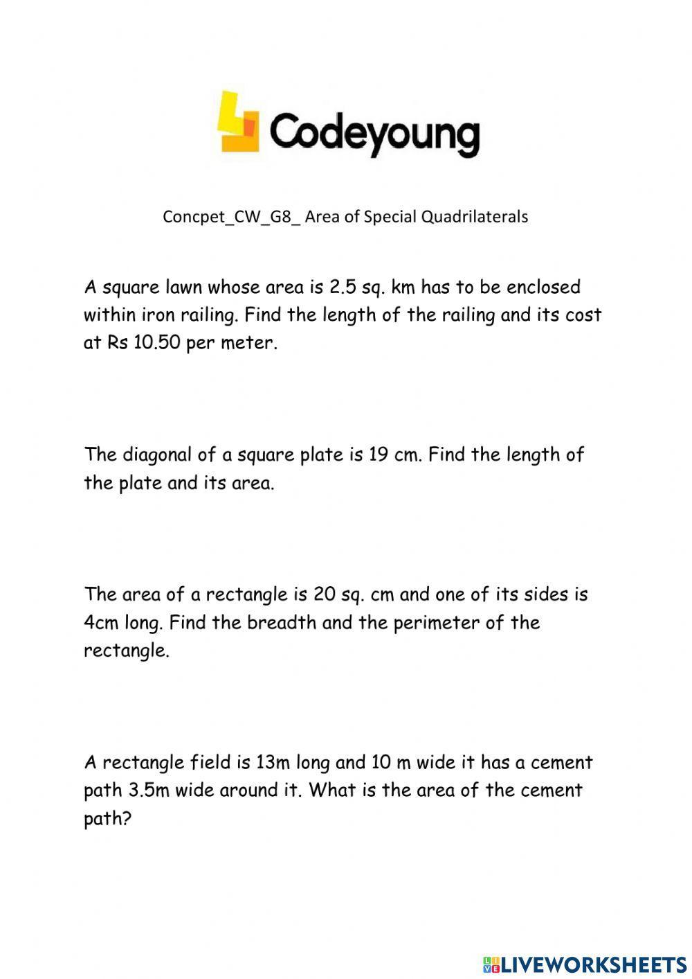 ConcpetCWG8 Area of Special Quadrilaterals worksheet Live Worksheets