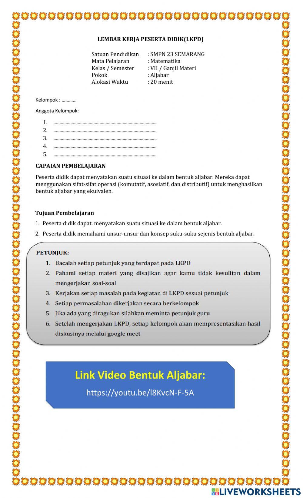 Lkpd Bentuk Aljabar SMP Kelas 7