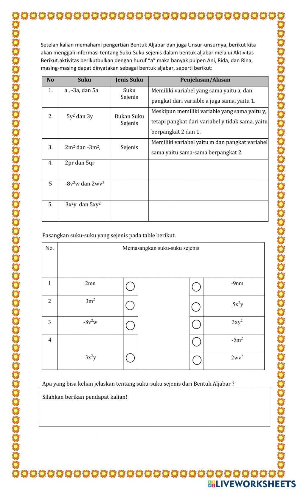 Lkpd Bentuk Aljabar SMP Kelas 7