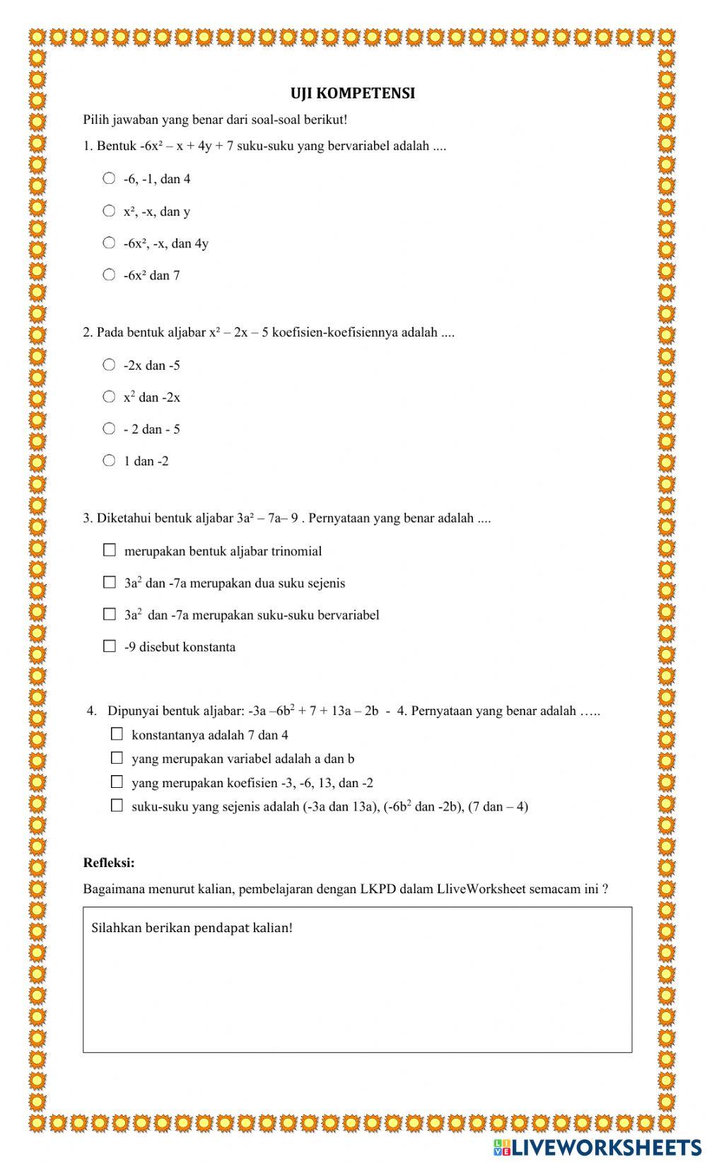 Lkpd Bentuk Aljabar SMP Kelas 7