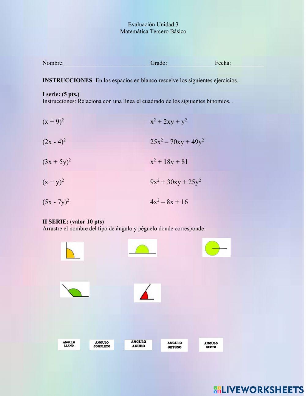 Binomio al cuadrado, tipos de ángulos y figuras geométricas,