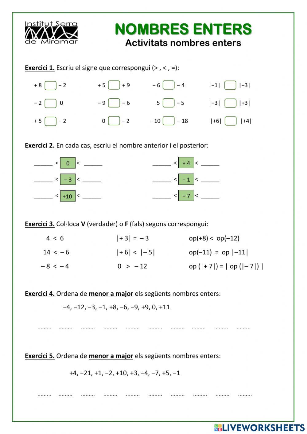 Activitat ordenar nombres enters