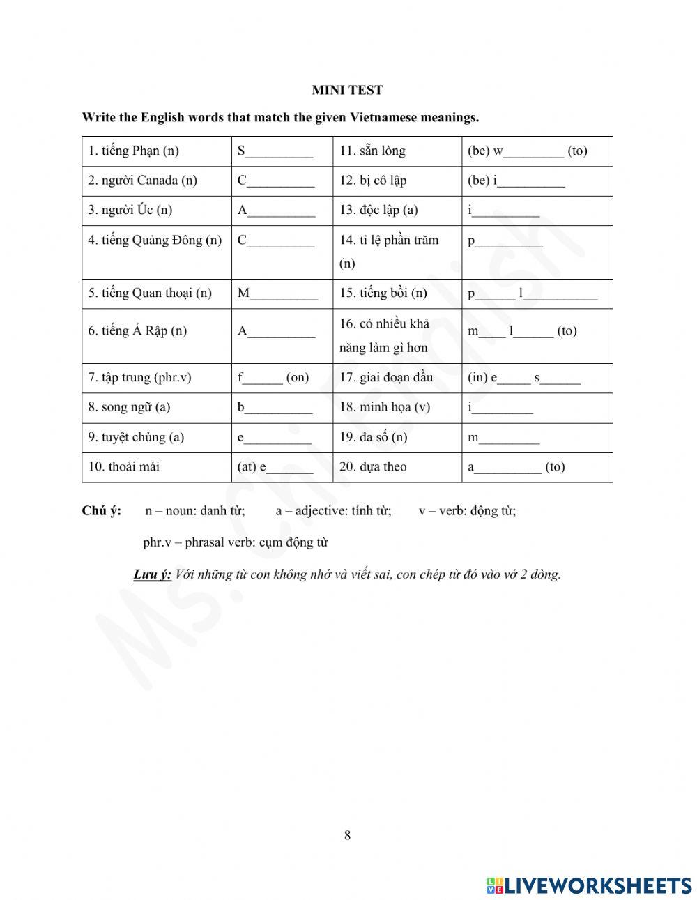 Foreign teacher-S8-Week 7-U1-Vocab Revision