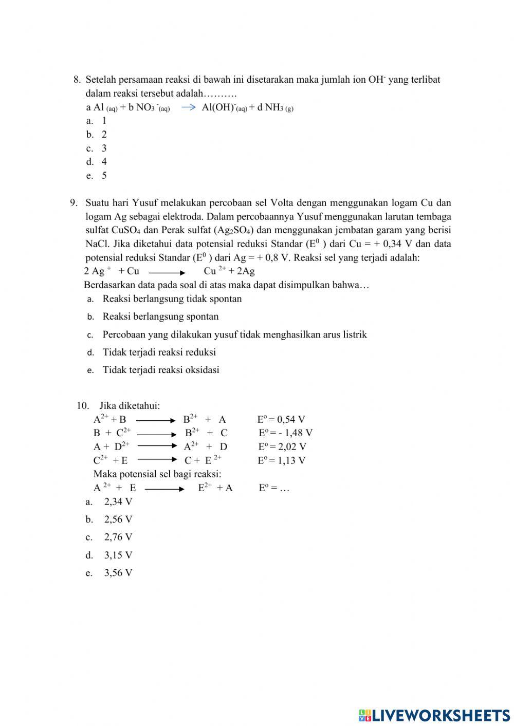 Soal pre test-post test Redoks dan Elektrokimia