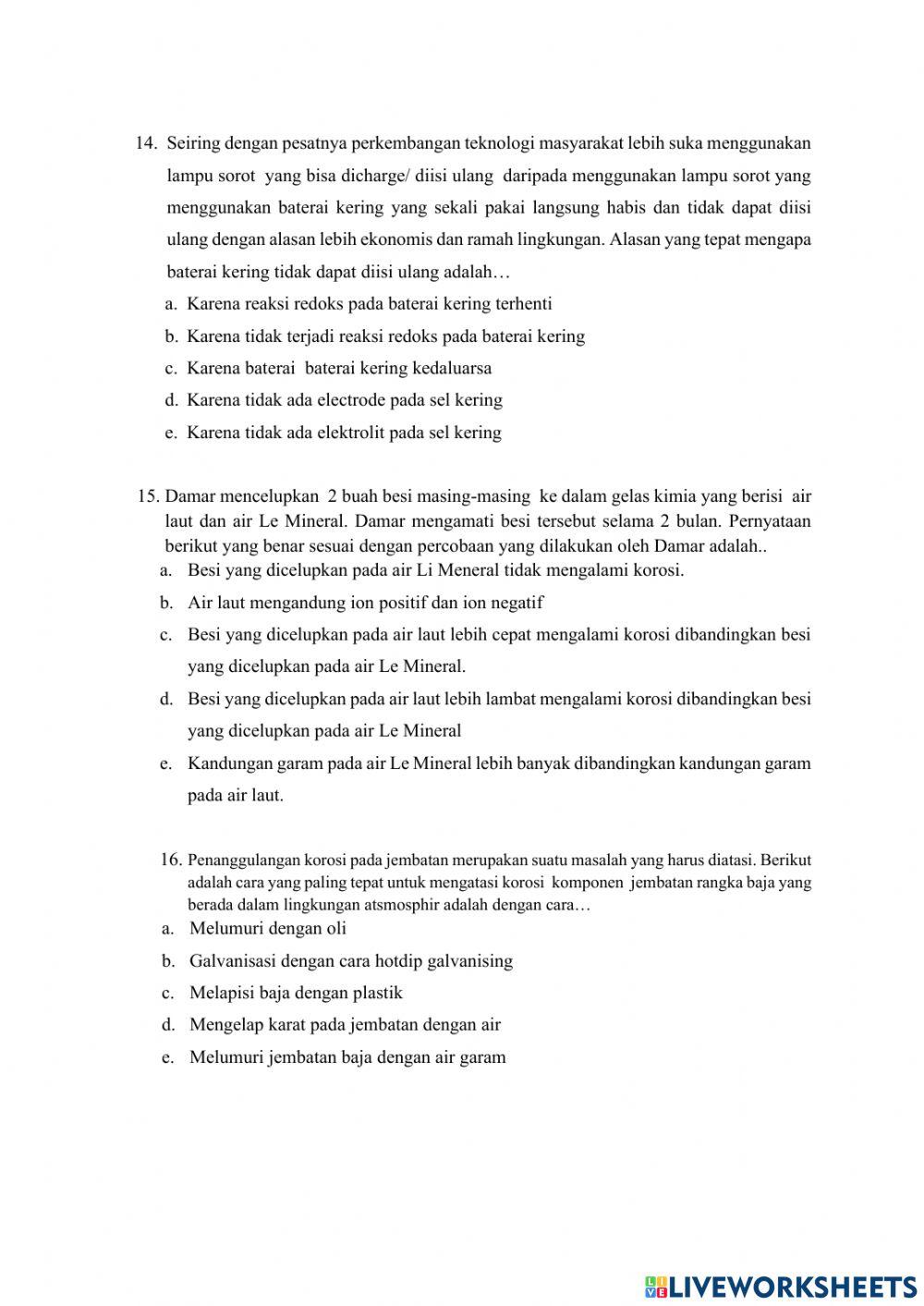 Soal pre test-post test Redoks dan Elektrokimia