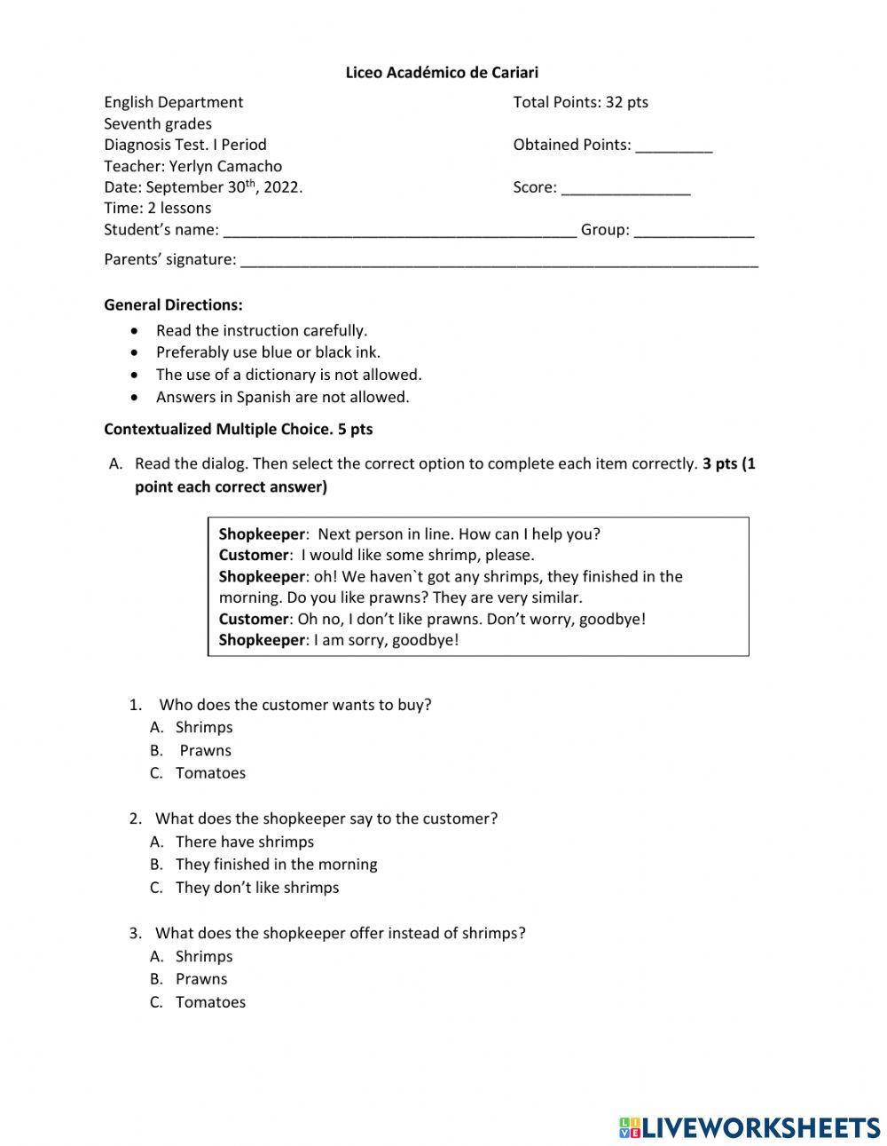 Diagnosis Test Unit 4 worksheet Live Worksheets
