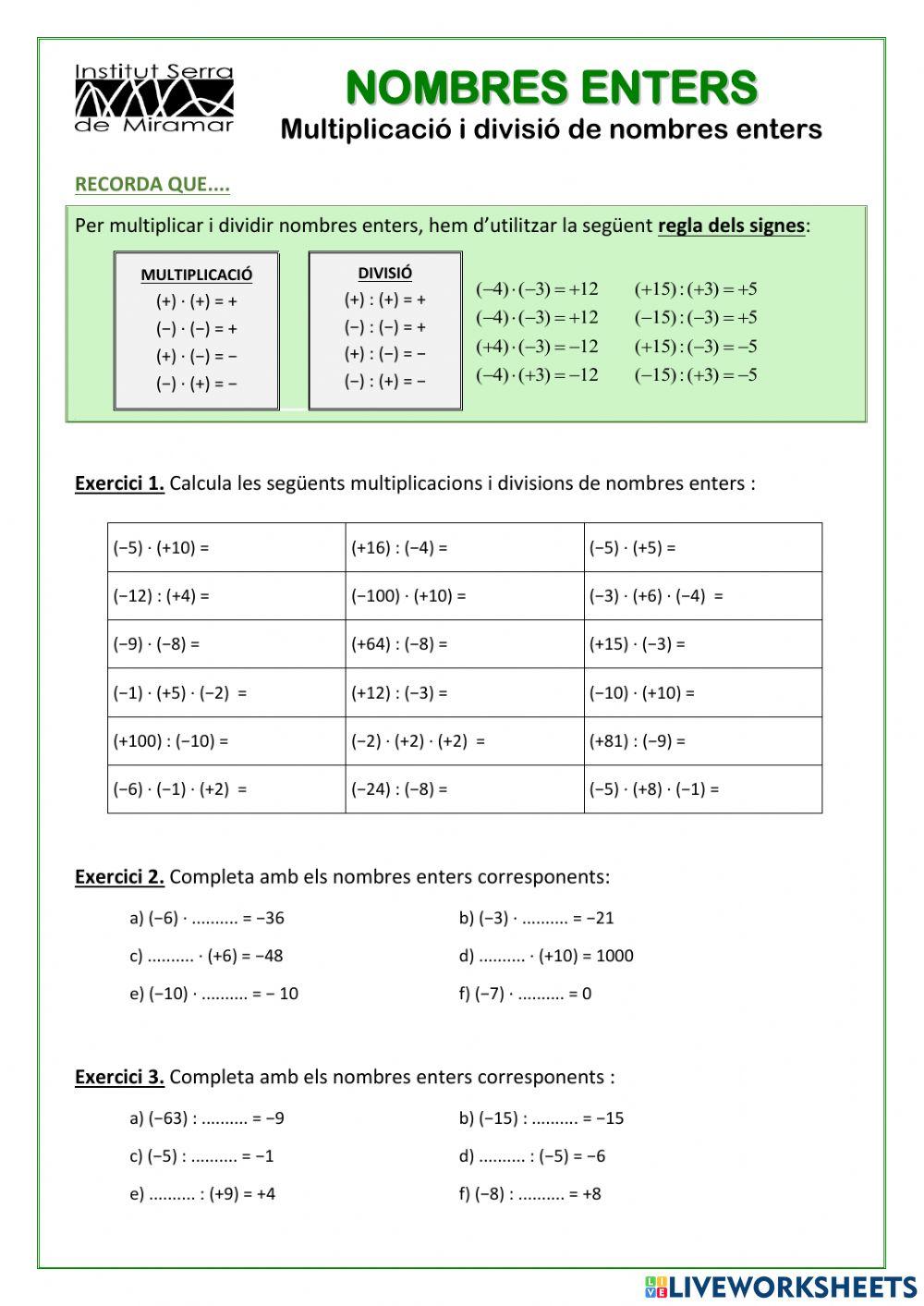 Multiplicació i divisió de nombres enters