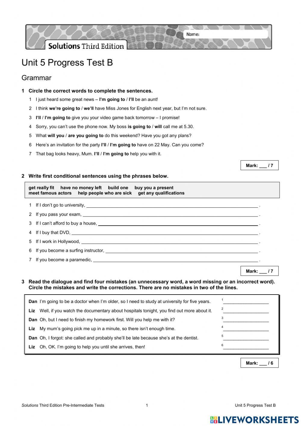 SOLUTIONS PRE-INTERMEDIATE 3RD ED. TEST B ON UNIT 5