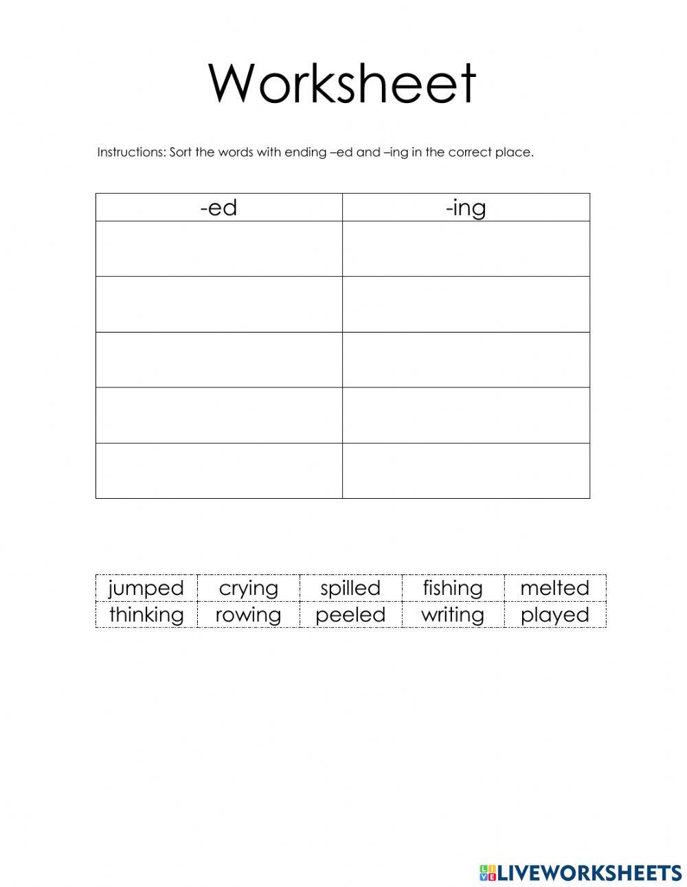 Ending ed and ing worksheet Live Worksheets