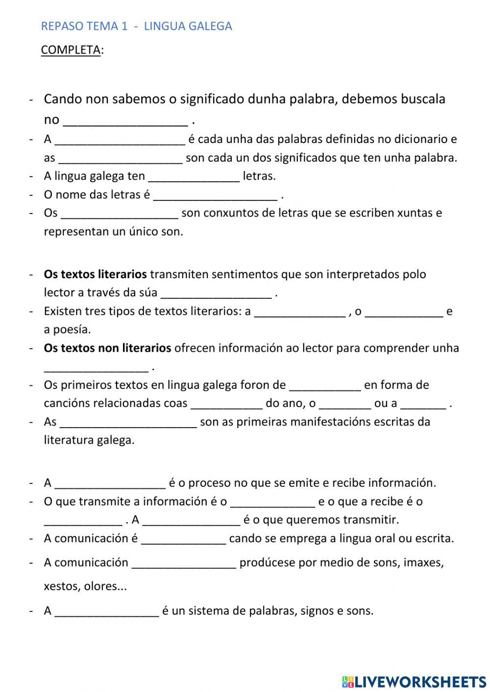 Repaso Lingua galega tema 1