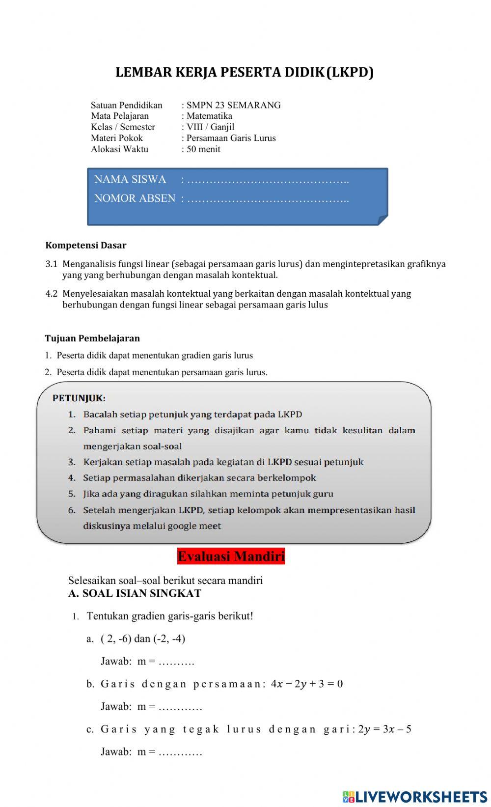 Soal evaluasi persamaan garis lurus