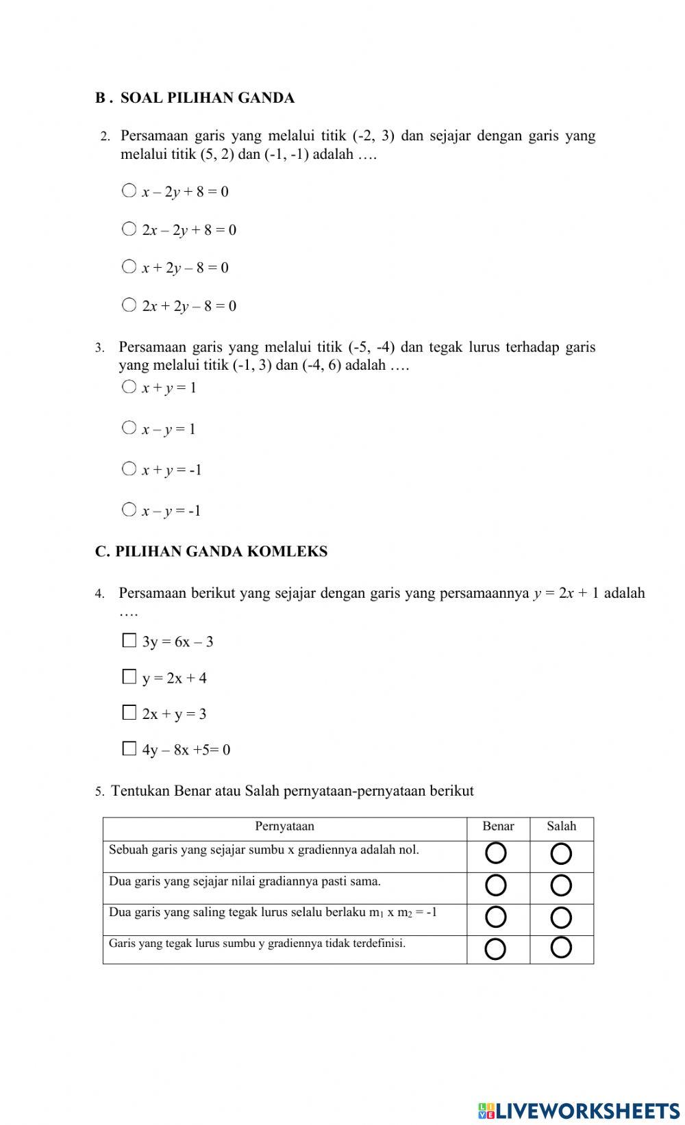Soal evaluasi persamaan garis lurus