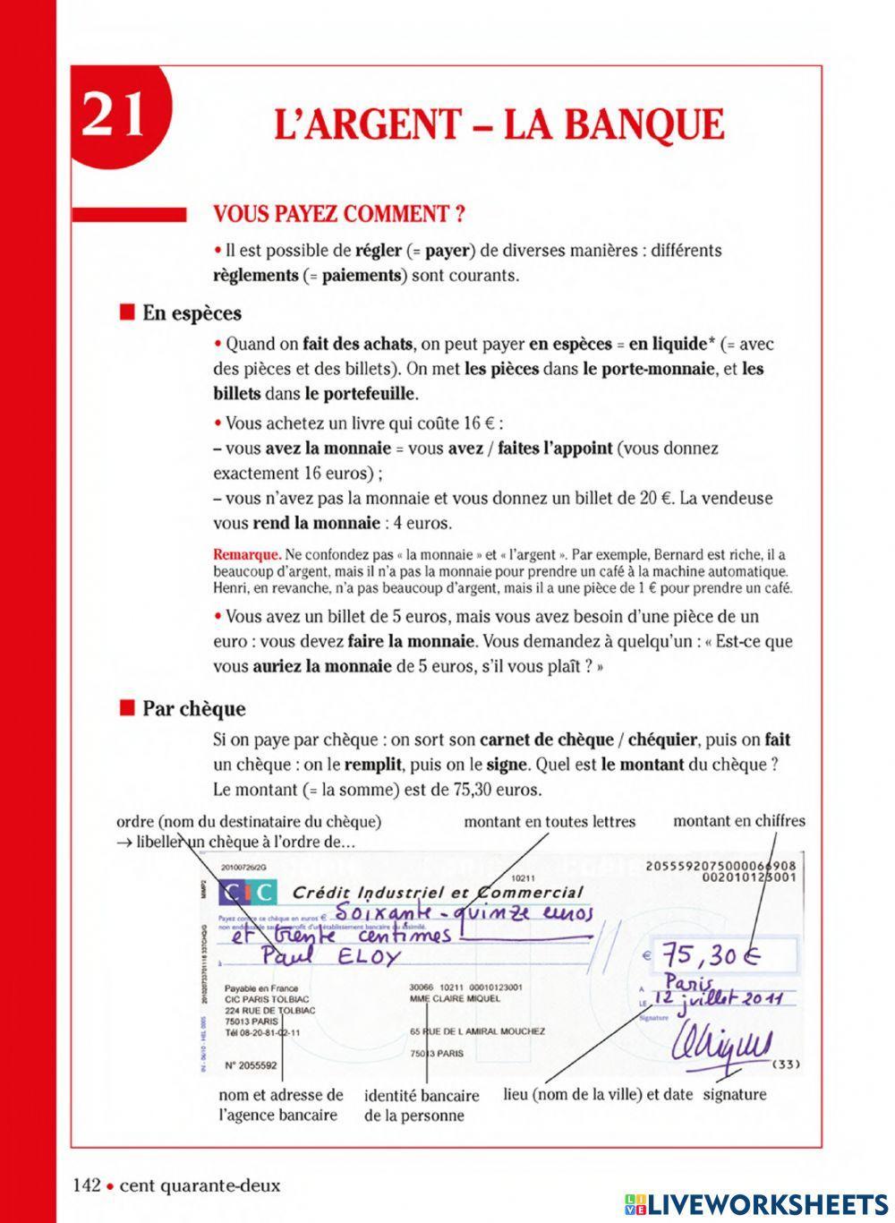 L'argent - Vocabulaire