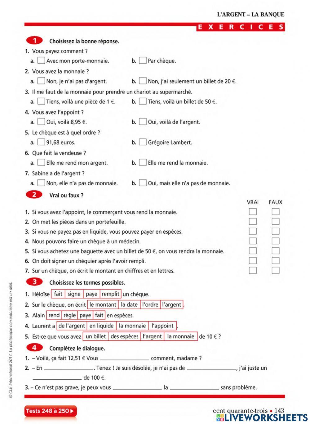 L'argent - Vocabulaire