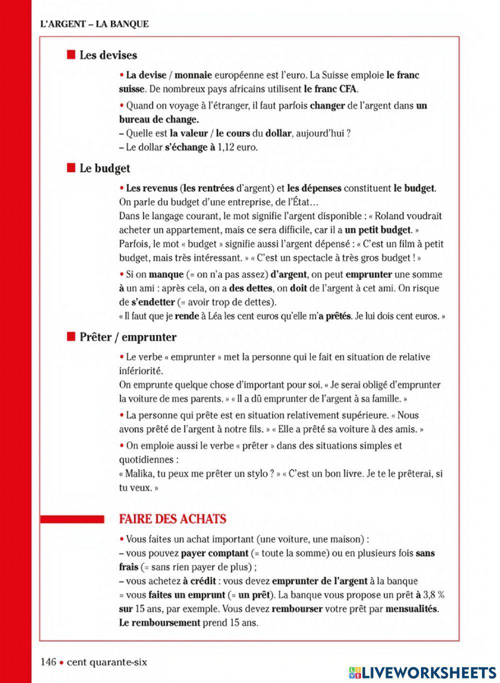 L'argent - Vocabulaire