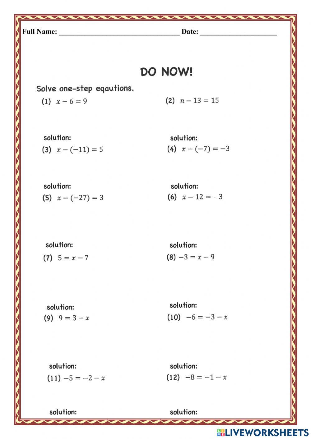 WCA1R One Step Equations Subtraction