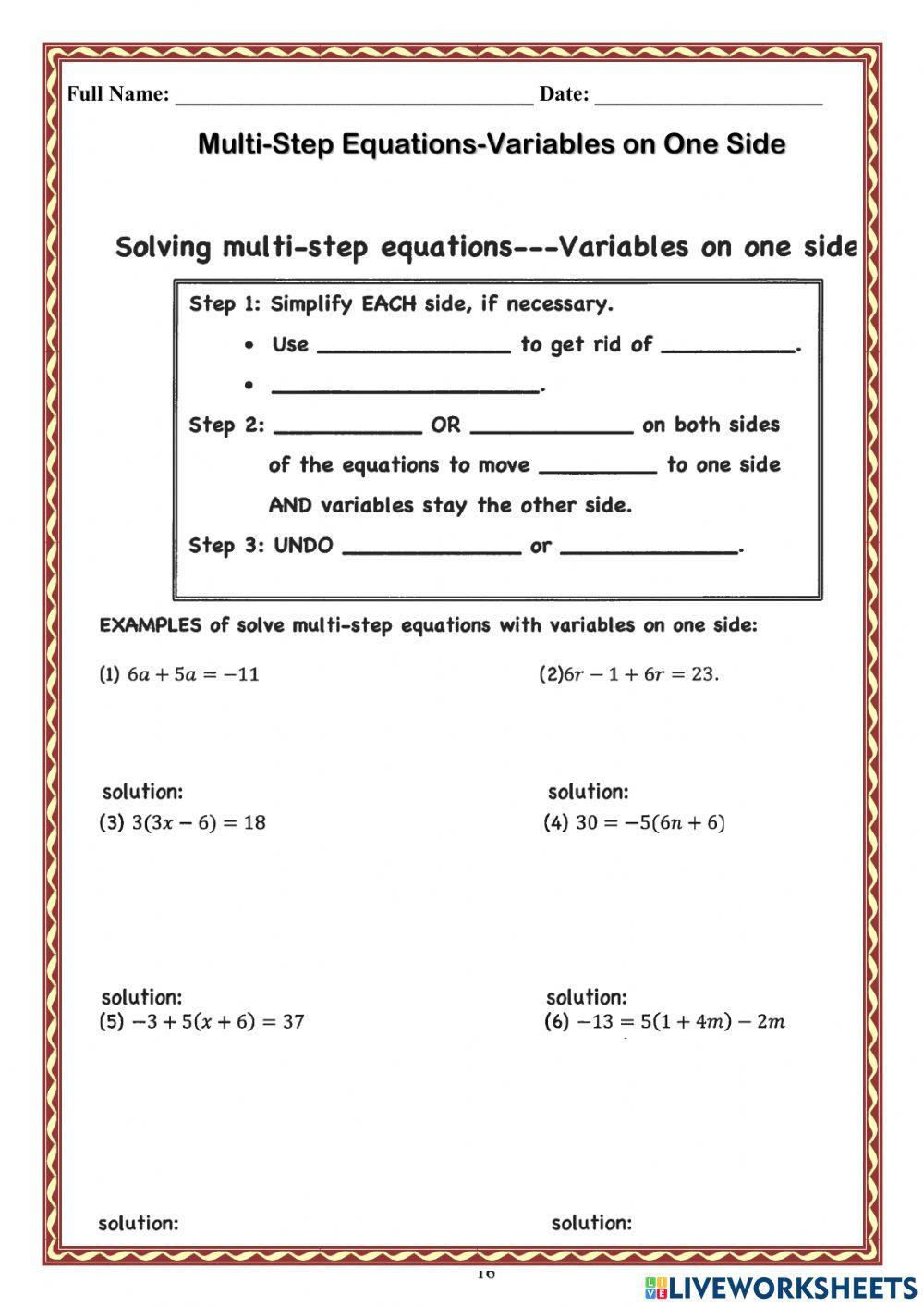 Multi Step Equations With Variables On One Side Worksheet Multi Step Equations With Variables On One Side Worksheet